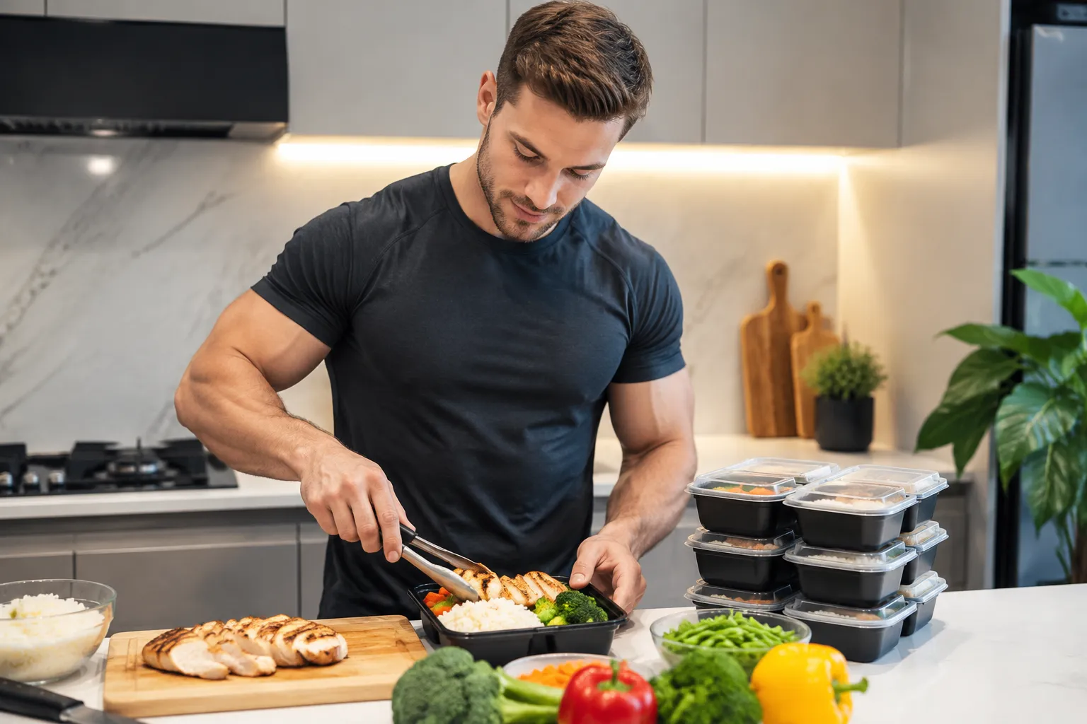 Mann bereitet eine gesunde ausgewogene Mahlzeit mit Hähnchen, Reis und Gemüse für Fitness-Ernährung vor