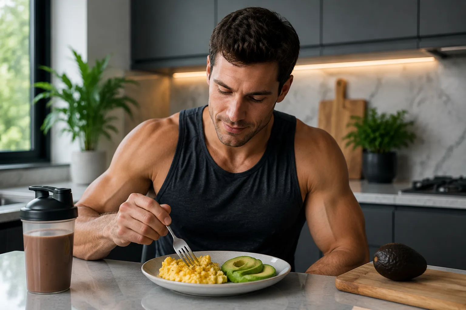 Athlet isst eine proteinreiche Mahlzeit mit Eiern und Avocado zur Regeneration