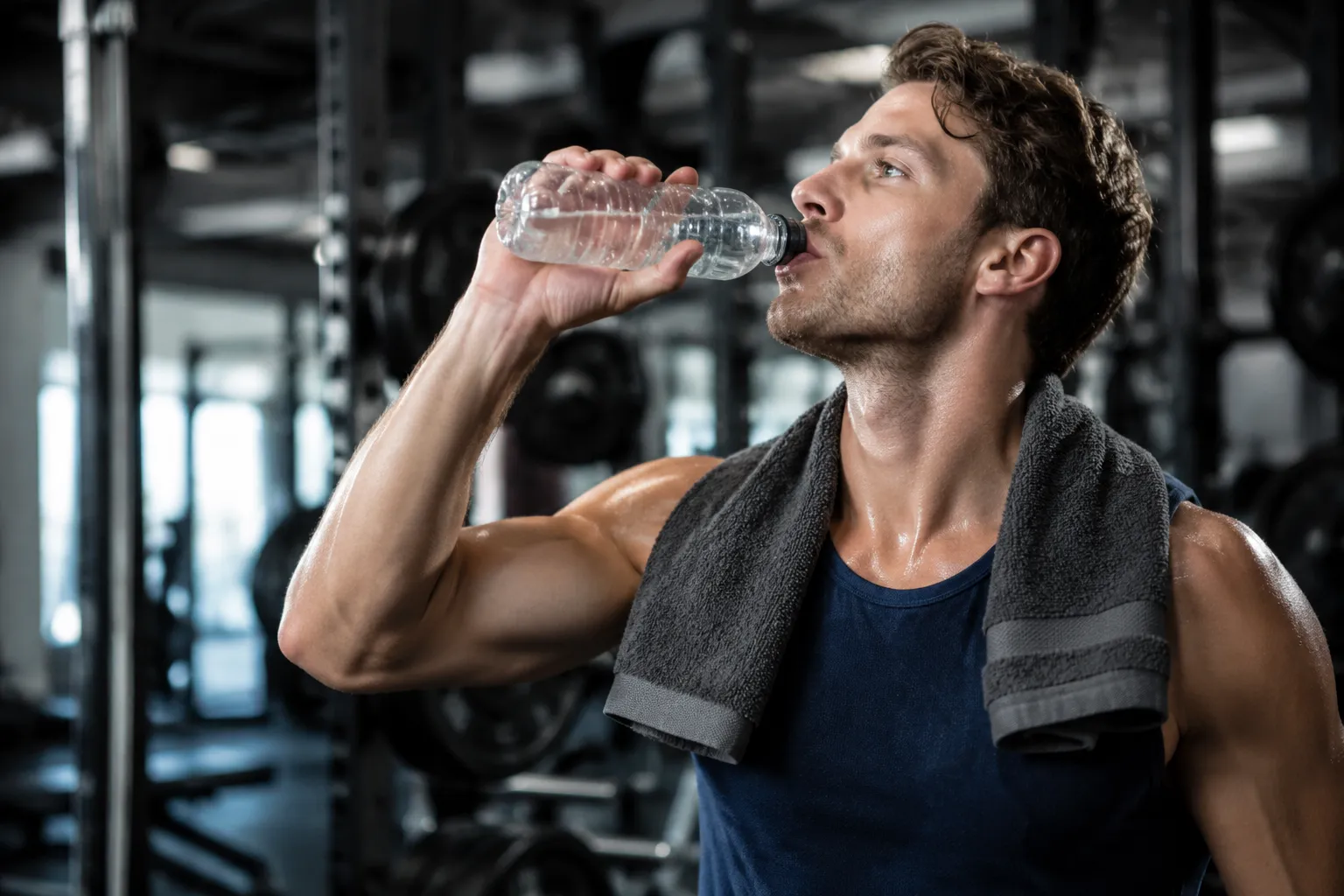 Fitness-Enthusiast trinkt Wasser aus einer Flasche während des Trainings zur Hydration