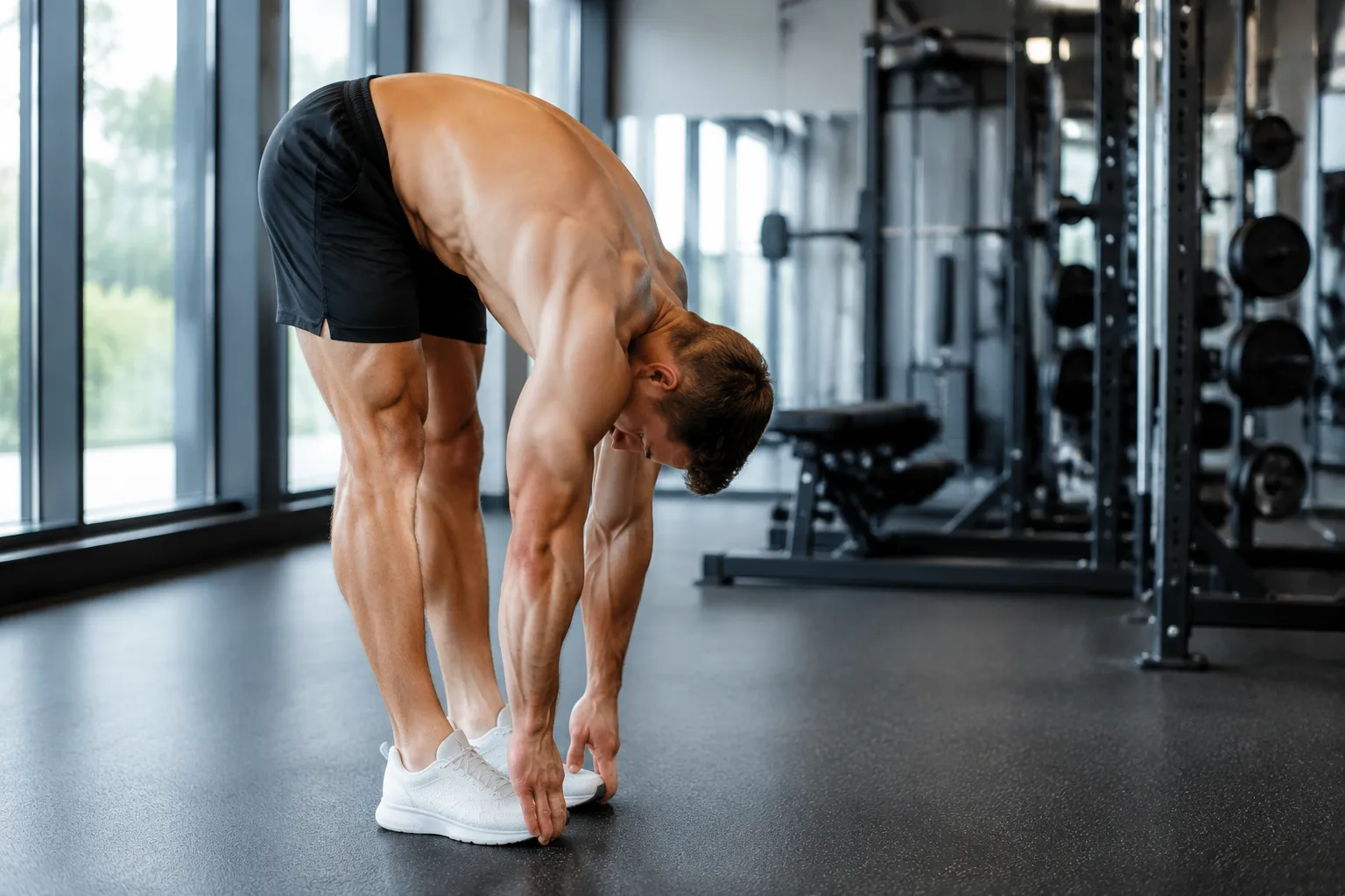 Atleta realizando estiramiento de cuádriceps de pie con forma correcta en un gimnasio iluminado