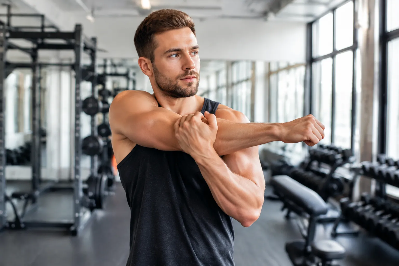 Hombre haciendo estiramiento dinámico de balanceo de pierna como calentamiento antes de entrenar