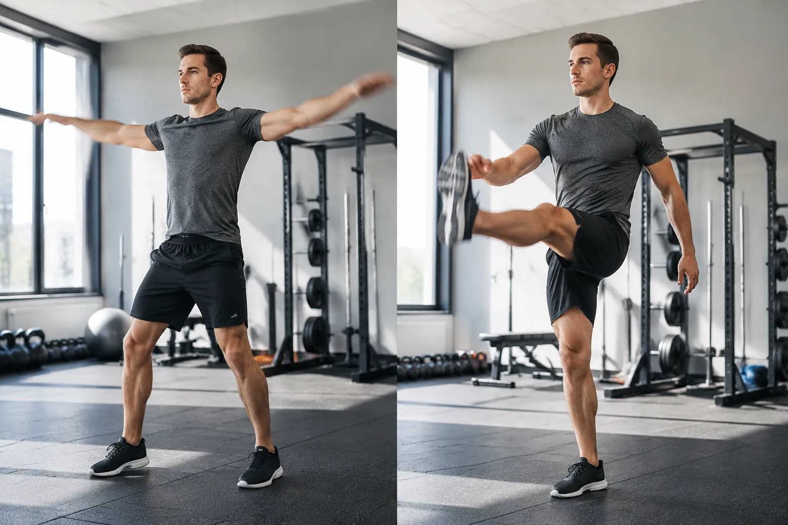 Athlet macht dynamische Armkreisen als Aufwärmtraining im Fitnessstudio