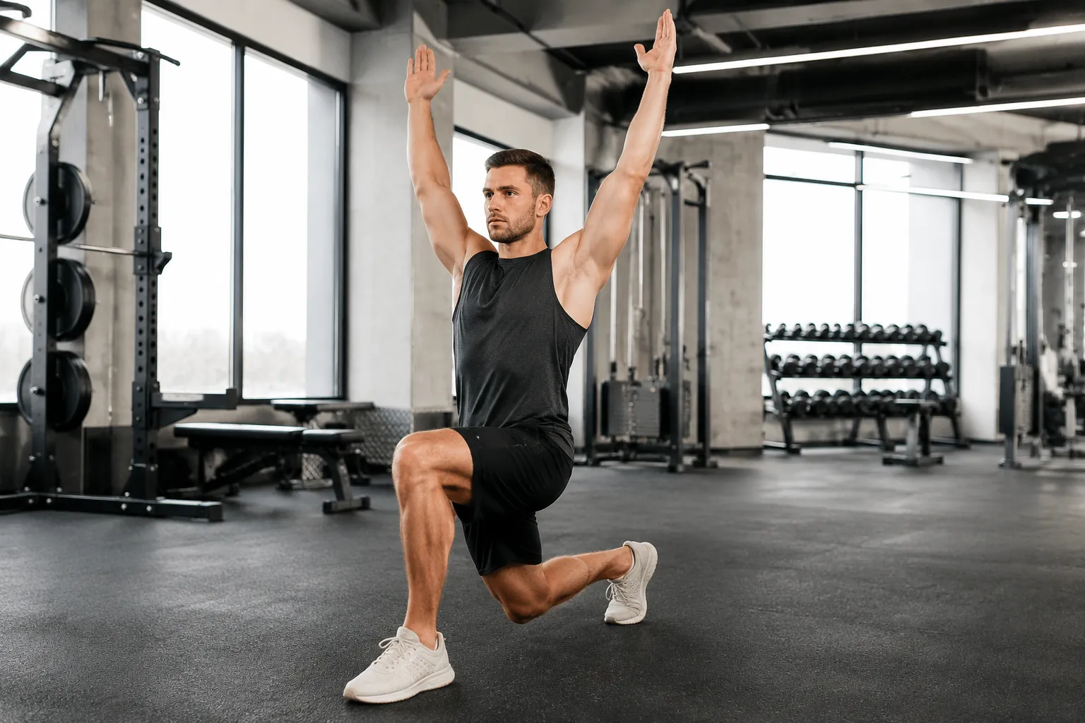 Mann macht eine dynamische Ausfallschritt-Dehnung mit Armanheben im Fitnesscenter