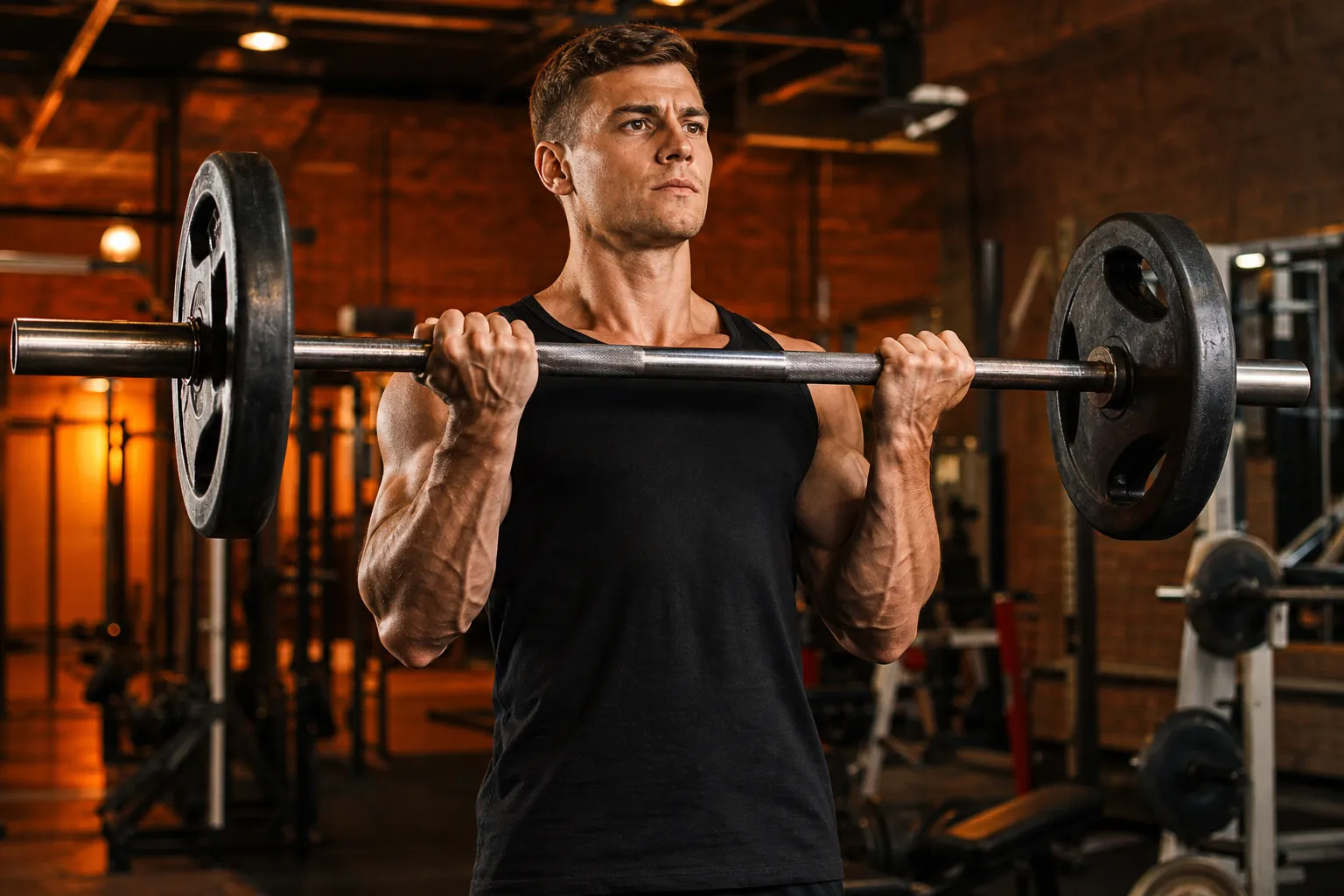 Athlete performing a standing barbell curl at the top of the movement, biceps fully contracted