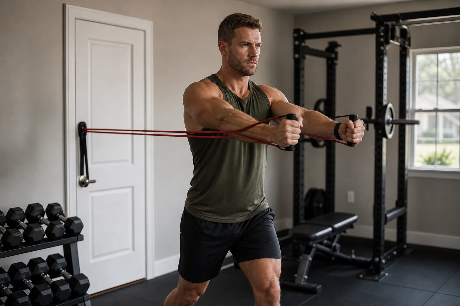 Muscular male athlete performing a standing resistance band chest press at home, band anchored to door behind him, arms pressing forward with constant tension