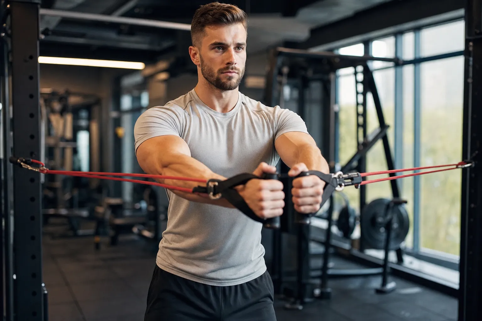 Male athlete demonstrating proper resistance band chest fly form, arms wide and slightly bent, bringing handles together in front of chest