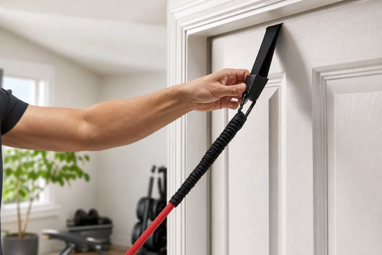 Resistance band anchored to a sturdy door with door anchor attachment, demonstrating travel-friendly setup