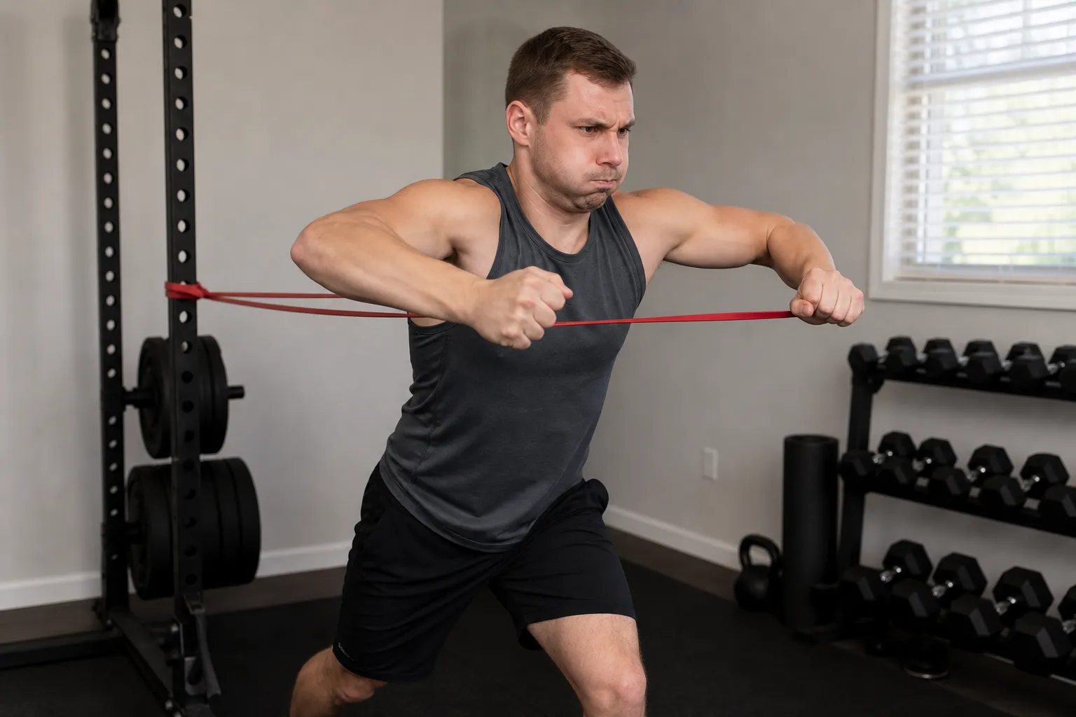 Male athlete demonstrating incorrect resistance band chest press form with elbows flaring outward and loss of scapular retraction