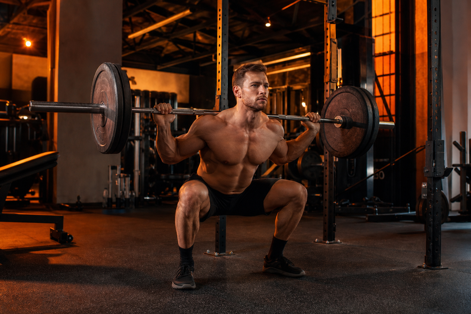 Atleta che si prepara allo squat con bilanciere sui trapezi superiori
