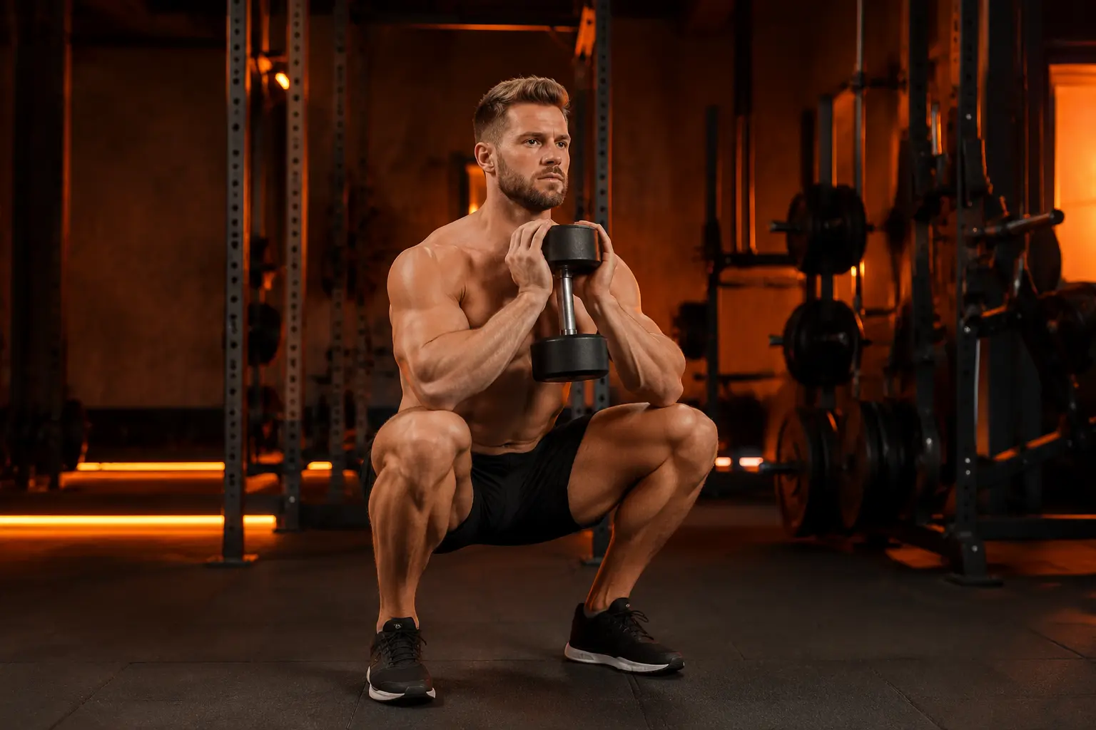 Athlete performing dumbbell goblet squat with proper upright form holding dumbbell at chest level