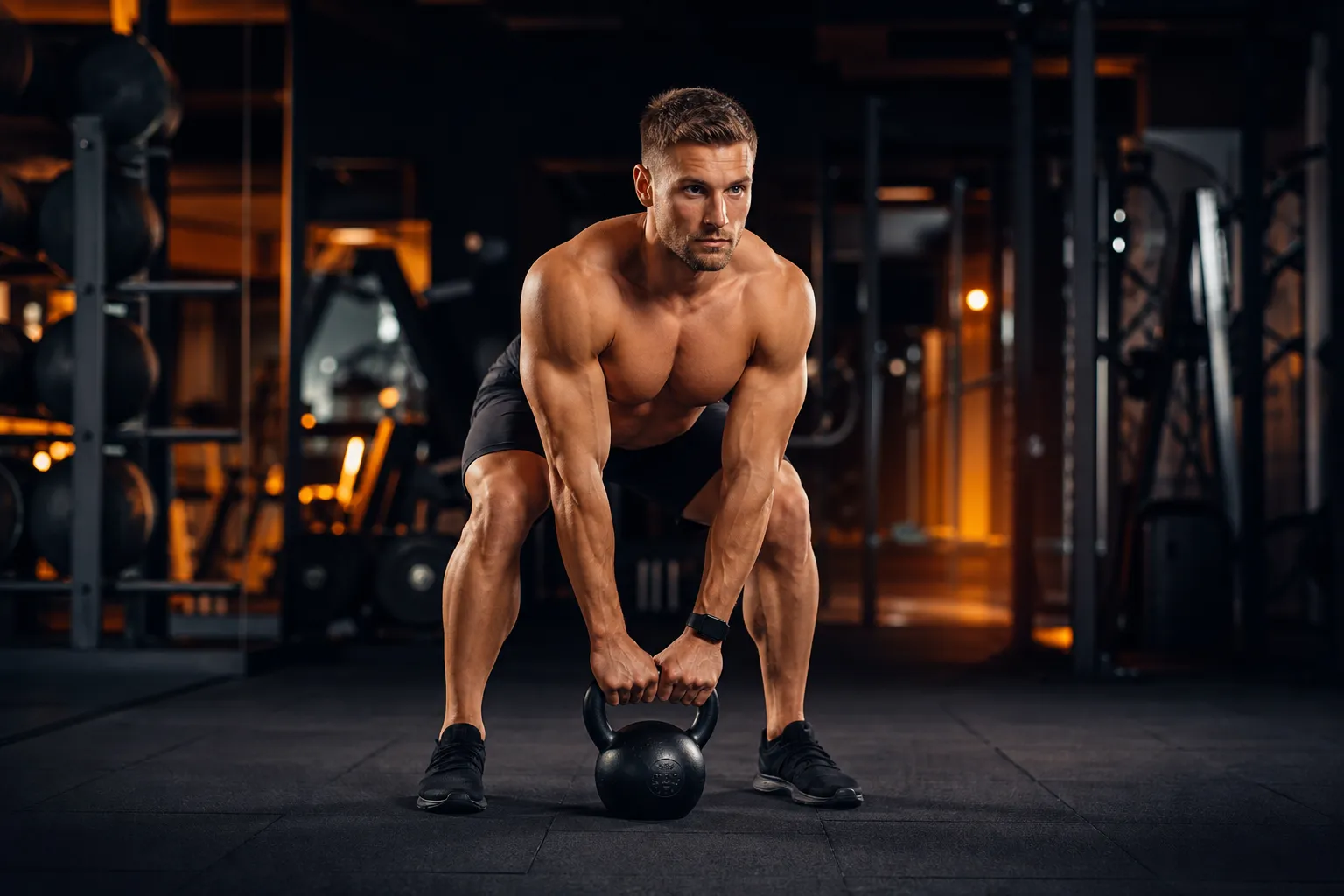 Athlet in athletischer Haltung mit Kettlebell am Boden, bereit für ein Beintraining mit Kettlebell