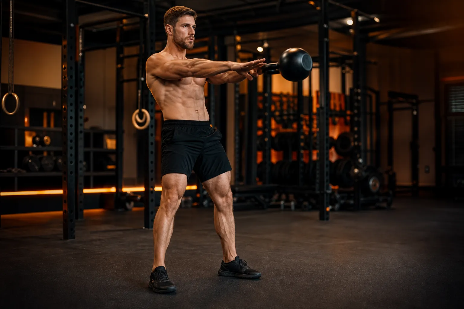 Athlet mitten im Swing mit Kettlebell auf Brusthöhe, Hüfte gestreckt und Gesäß angespannt