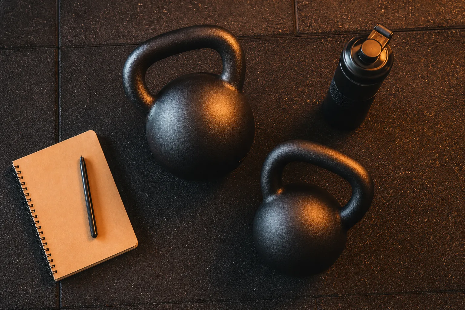 Zwei Kettlebells unterschiedlicher Größe auf einem Studioboden neben einem Trainingsbuch