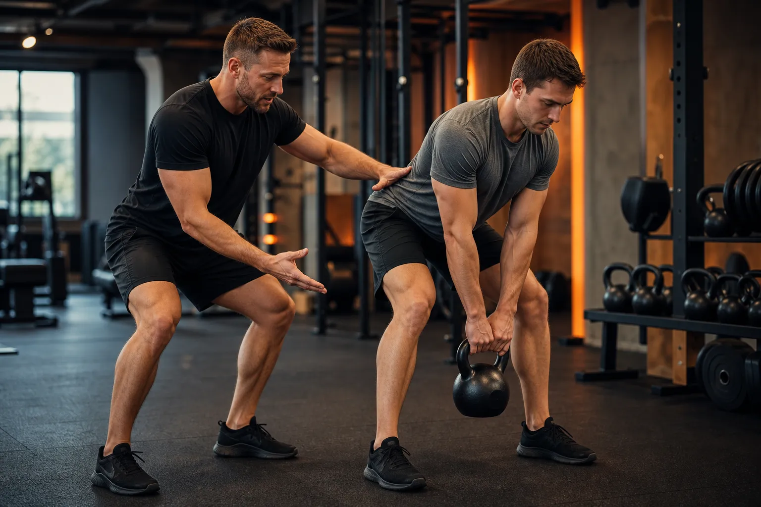 Coach demonstriert häufige Form-Fehler und Korrekturen bei Kettlebell Swing und Goblet-Kniebeuge