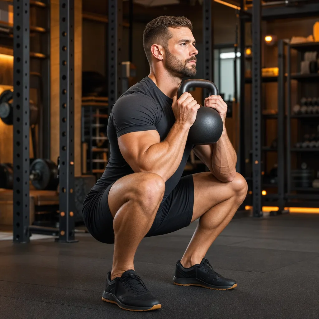 Kettlebell Goblet-Kniebeuge unten, Ellbogen innerhalb der Knie und aufrechte Brust