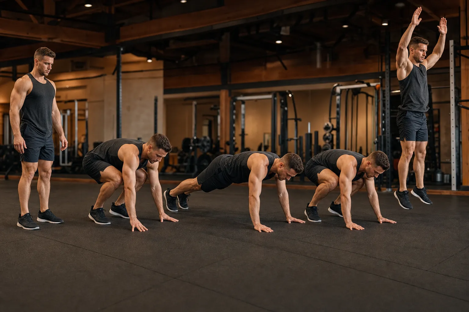 Athlete performing a modified step-back burpee variation without the push-up or jump, showing controlled movement