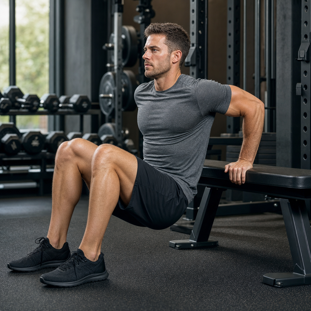 Male athlete demonstrating proper bench dip form, hands on bench behind, knees bent, elbows bending to 90 degrees