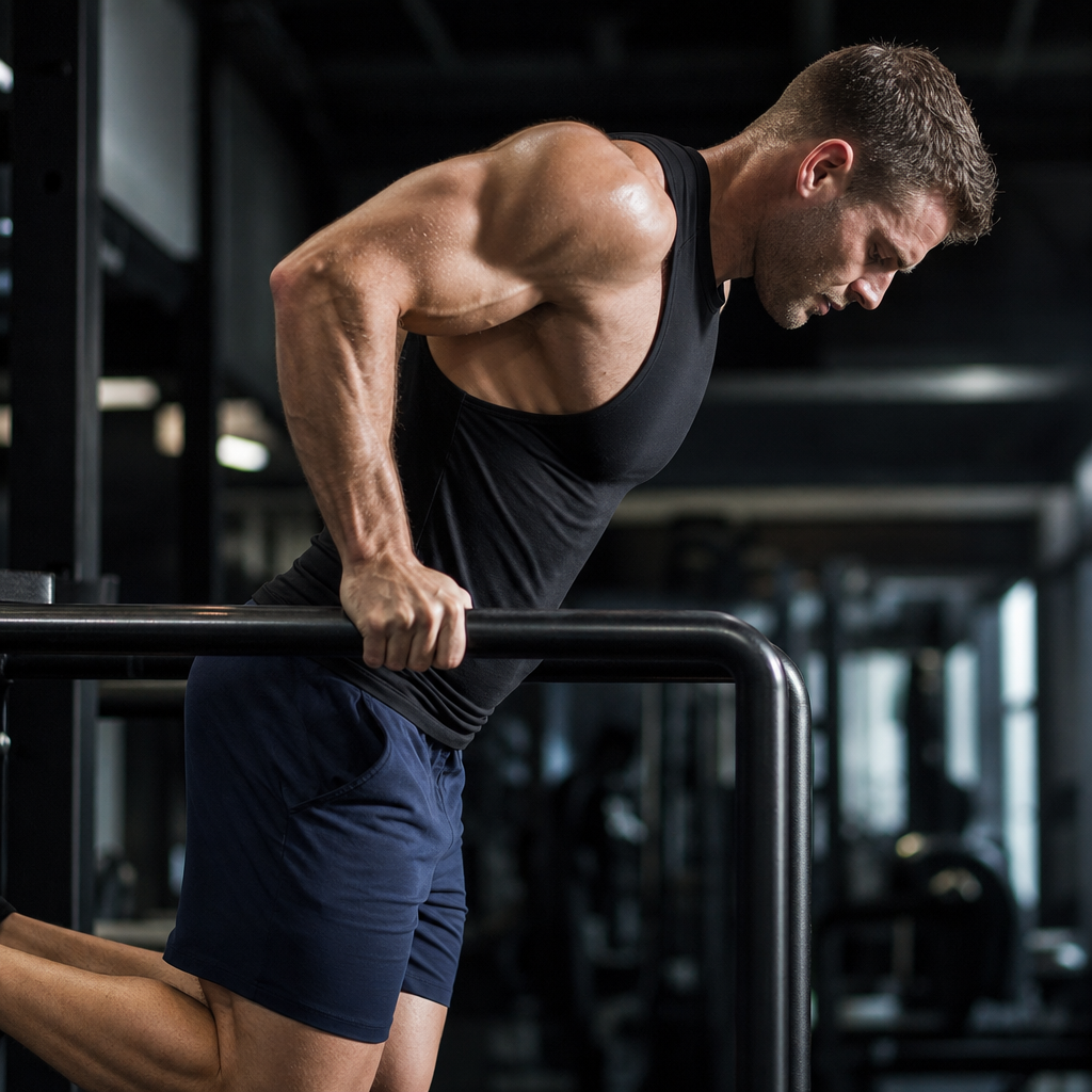 Side view of male athlete performing chest-focused dip with forward torso lean, elbows flared slightly