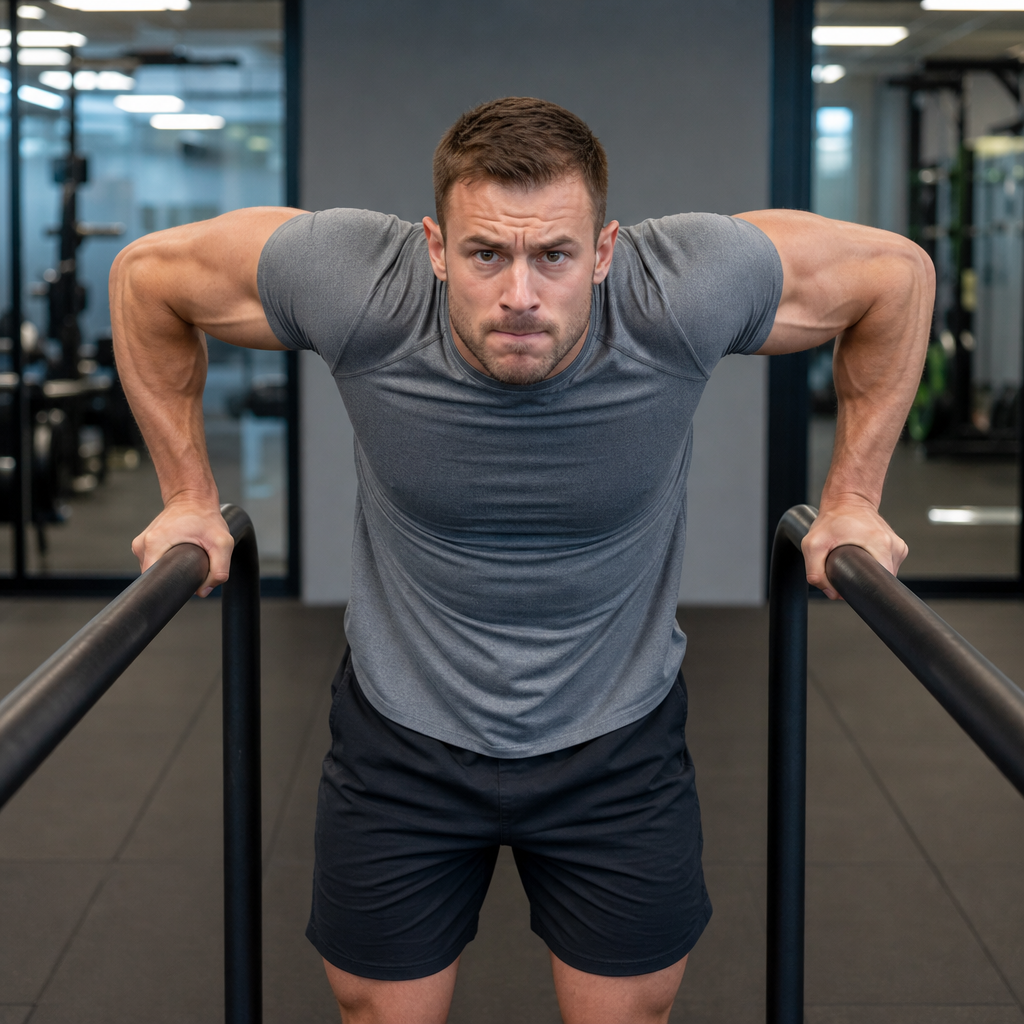 Male athlete demonstrating incorrect dip form with excessive shoulder shrug and elbows flaring outward
