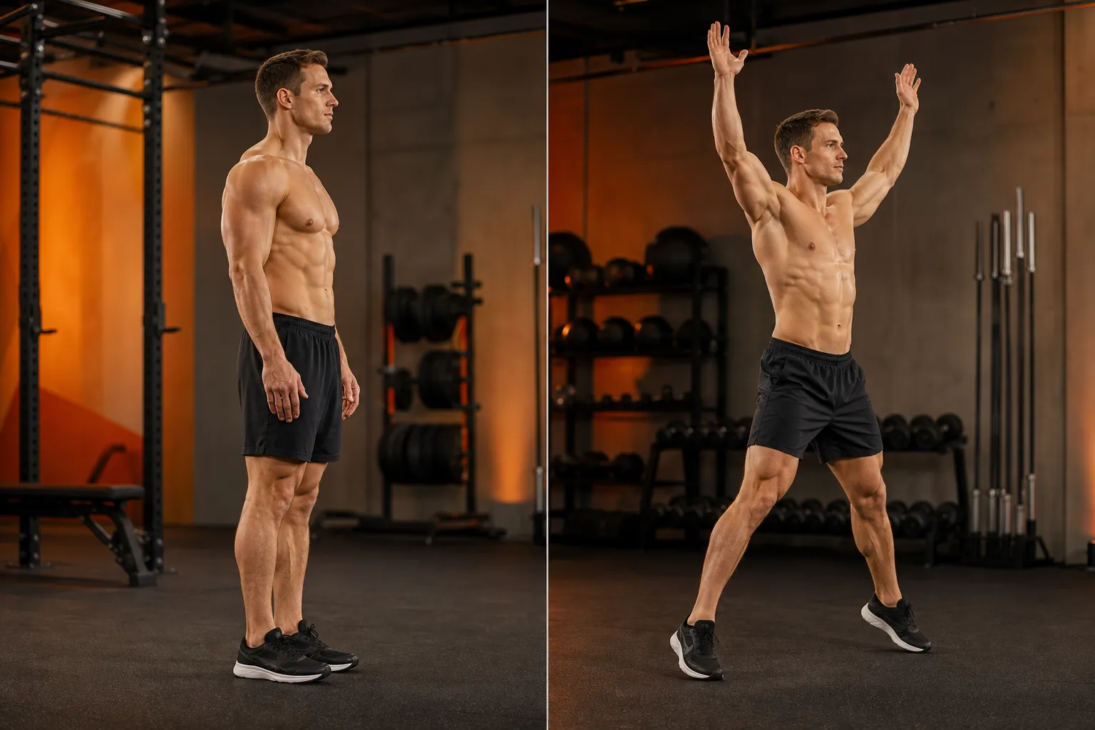 Male athlete demonstrating the jumping jack movement sequence from feet-together start position to wide landing with arms overhead