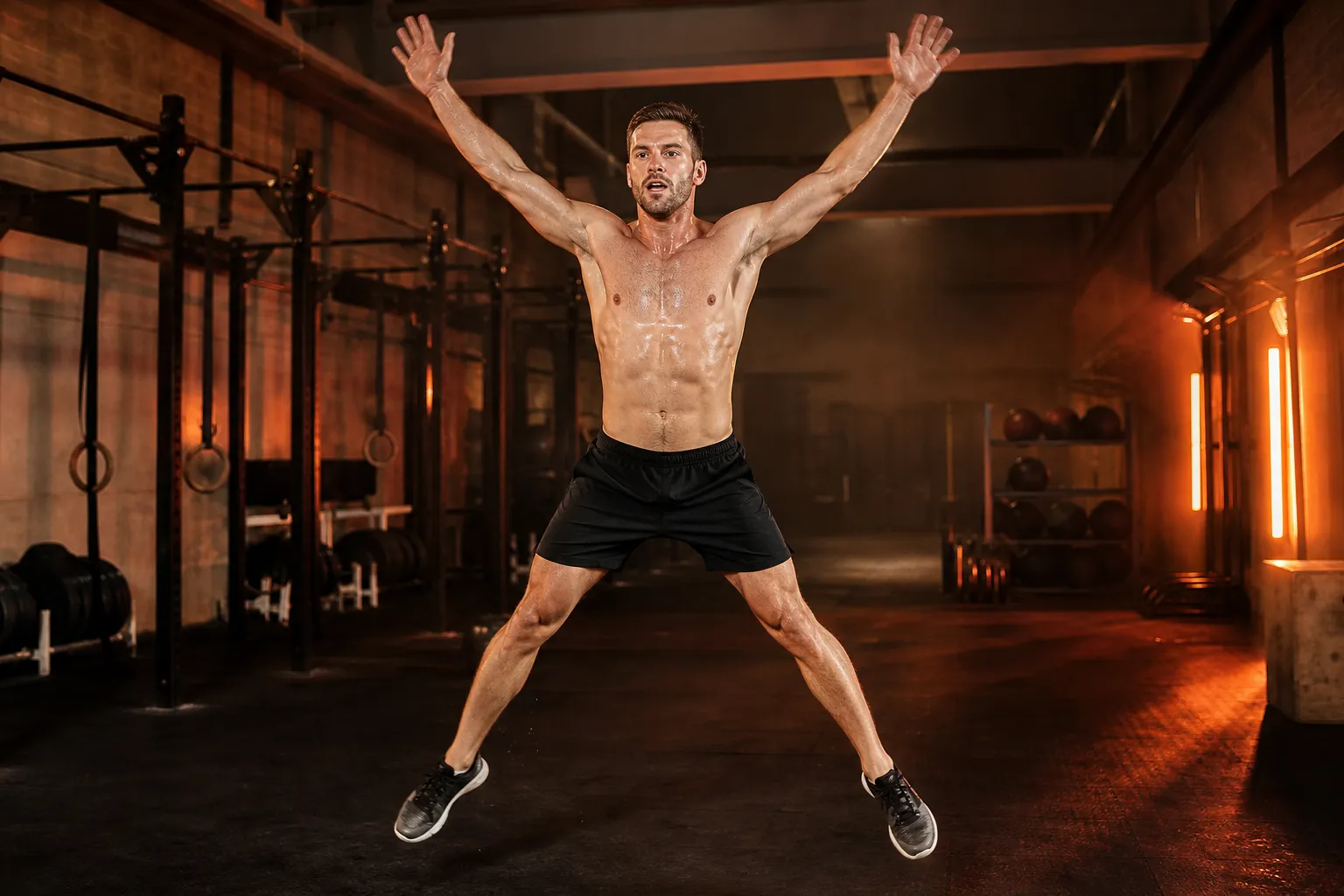Male athlete doing high-intensity interval jumping jacks in a gym, sweating during a cardio conditioning circuit