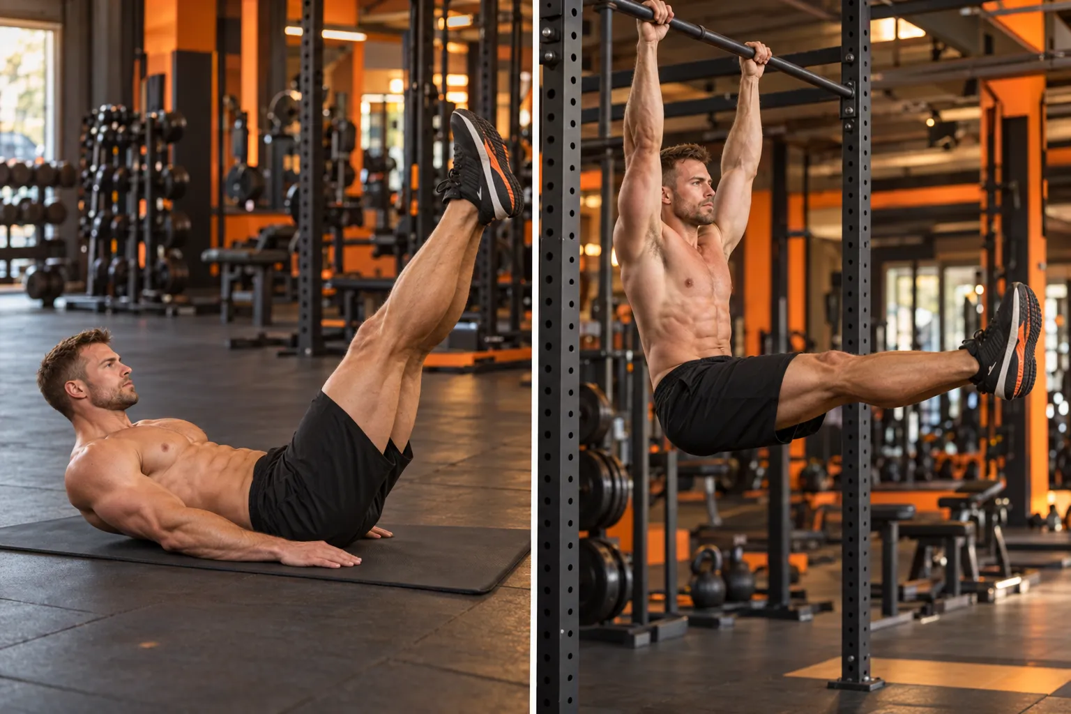 Side-by-side comparison of a male athlete doing lying leg raises on the floor and hanging leg raises from a pull-up bar