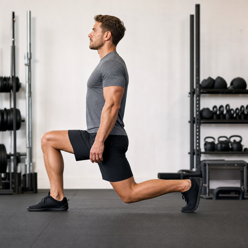 Side view of male athlete at bottom of a lunge, front thigh parallel to floor, back knee just above ground, torso upright