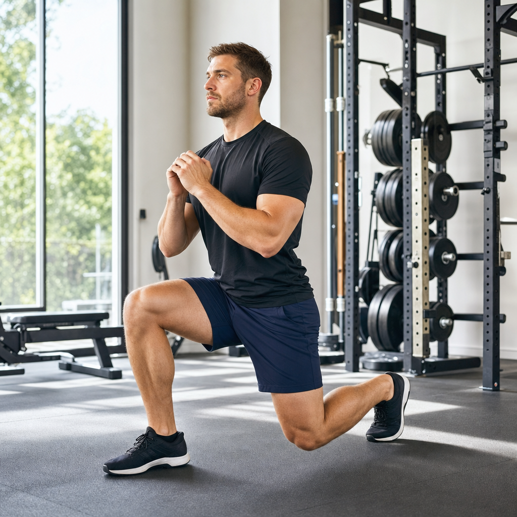 Male athlete demonstrating reverse lunge variation, stepping back with controlled descent