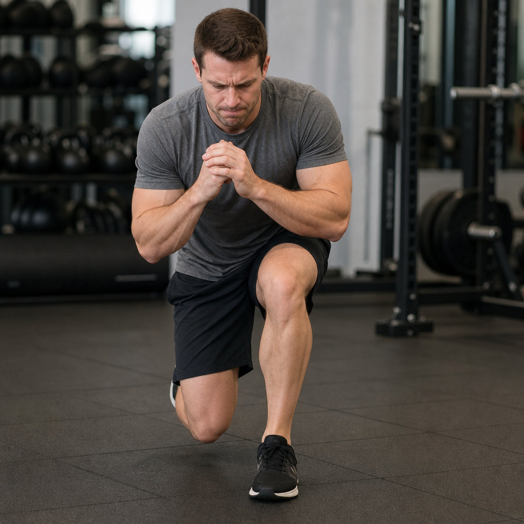 Male athlete demonstrating incorrect lunge form with knee caving inward and excessive forward lean