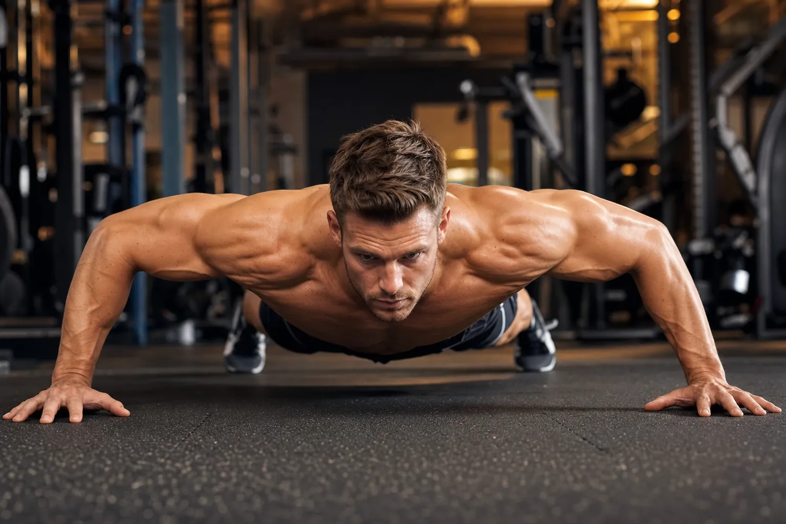 Side-by-side comparison of incline push-up and wide push-up variations performed by a muscular male athlete