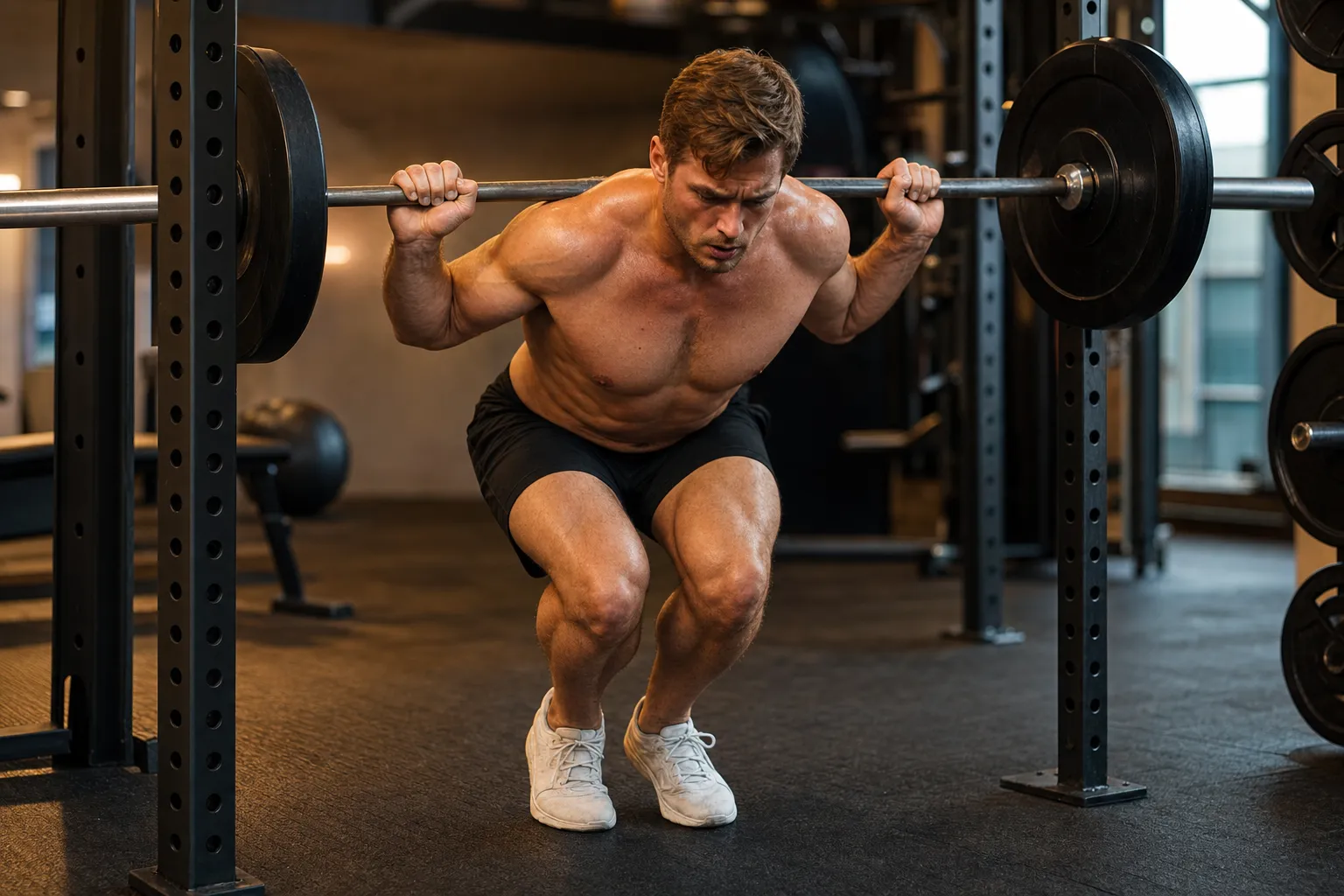 Athlete demonstrating incorrect squat form with knees collapsing inward and excessive forward lean