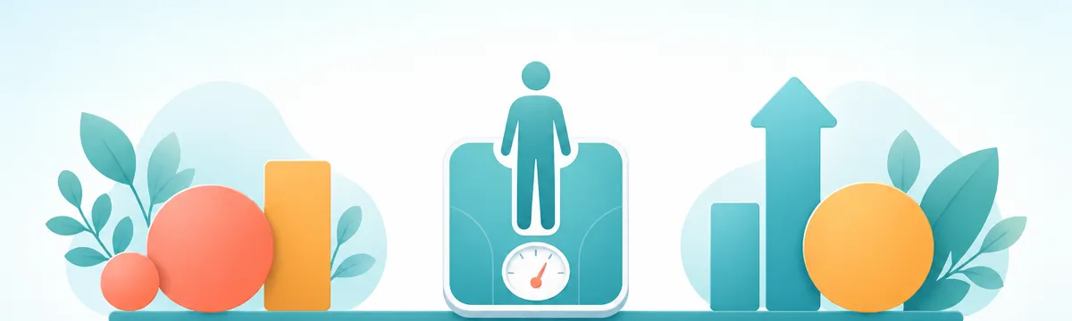 Flat illustration of a human silhouette standing on a scale balanced with geometric shapes