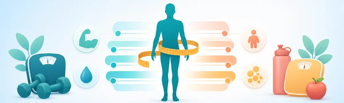 Flat illustration of a body silhouette with a measuring tape and layered body-composition bands