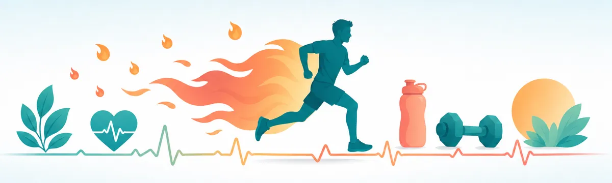 Flat illustration of a runner silhouette with a flame trail and a heart-rate line