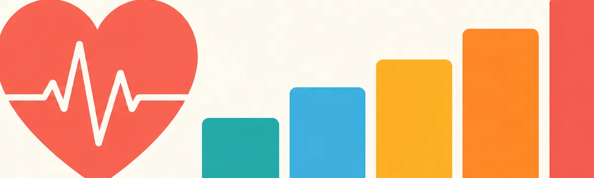 Illustrazione flat di un cuore con una linea del battito che sale attraverso cinque segmenti colorati di intensità
