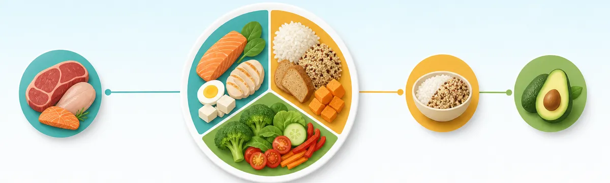 Flat illustration of a plate divided into three colored sections for protein, carbohydrates and fat with food icons