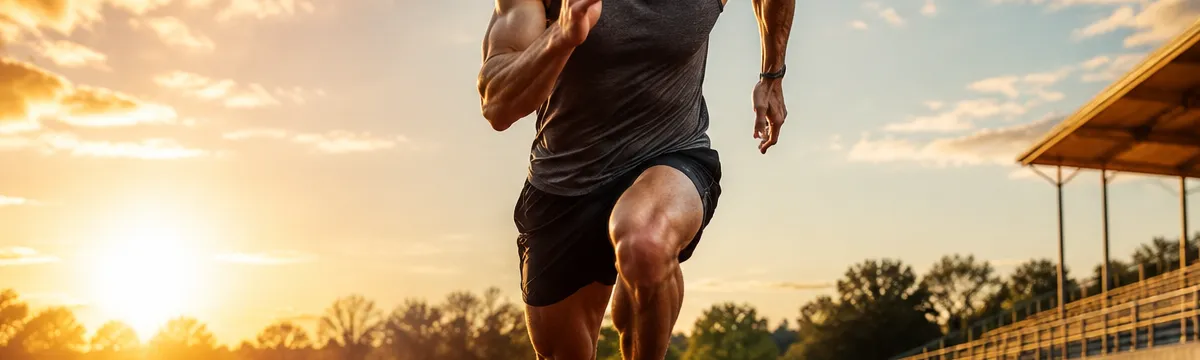 Male runner sprinting on an outdoor running track, warm orange tones