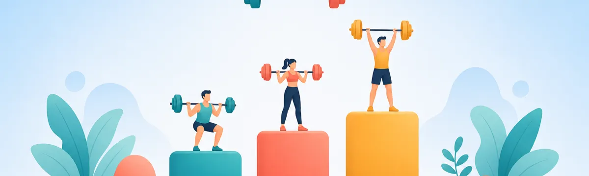 Flat illustration of three ascending podium levels with lifter figures and a barbell
